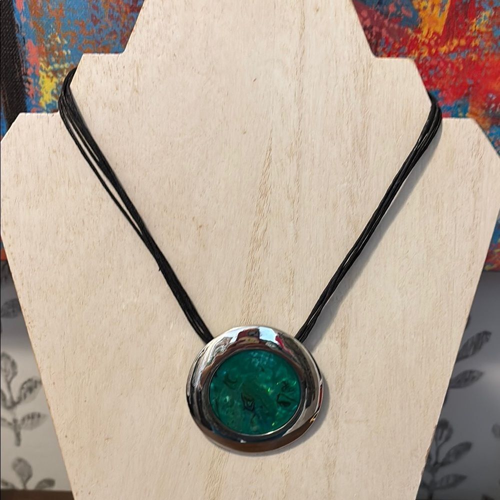 Elegant Silver and Green Pendant Necklace with black rope chain
